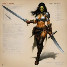 ConceptSheet [by Boris Vallejo]: woman half-orc assassin and her dagger with AD&D statistics