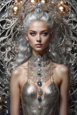 Fullbody photography ultra realistic portrait natural beauty of young woman, beautiful, shiny hard eyes, make up, shiny baubles, ornate, large gemstones, shiny molten metalics, shiny wire filigree, silver hair, high definition, high res,establishing shot