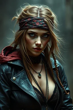 motion blur cyberpunk young biker kate moss gypsy vampire with head band mods painted by Rembrandt and Titian and Giger