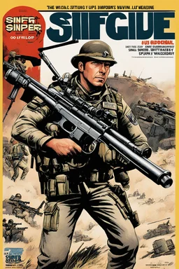 SNIFFIN’ GLUE magazine illustration cover by Marcel Gotlib : special issue #42 on sniper action and weaponry. guest star: Sergeant JT Sanborn, The Hurt Locker.