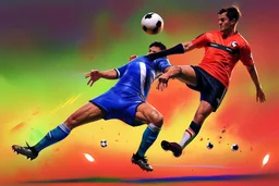 Oil painting, football match, the striker is kicking a goal, the ball is flying, bright but not neon colours, dynamic lines, dynamic blobs, spots, lines in the background of the character, like a colour explosion