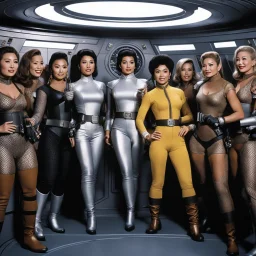 Noonien Soong, creator of data, as an adventurer in dusty Star Trek uniform surrounded by women Augments in fishnet costume and leather belts carrying heavy phaser weapons , they are in front of the airlock in the USS Enterprise