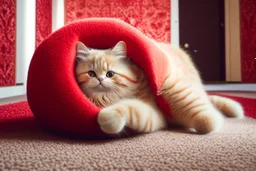 cute fluffy chibi beige cat playing with a giant plush red covid virus in a modern hall on a carpet in sunshine