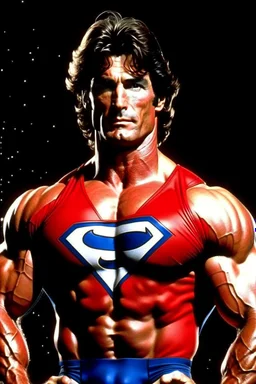 extremely muscular, short, curly, buzz-cut, military-style haircut, pitch black hair, Paul Stanley/Elvis Presley/Pierce Brosnan/Jon Bernthal/Sean Bean/Dolph Lundgren/Keanu Reeves/Patrick Swayze/ hybrid, as the extremely muscular Superhero "SUPERSONIC" in an original patriotic red, white and blue, "Supersonic" Super suit with an America Flag Cape,