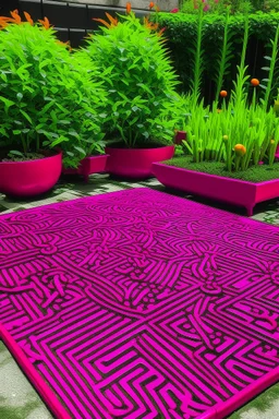 A magenta garden with crickets painted by Keith Haring