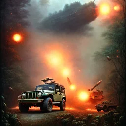 vietnam war. war report. jeep in jungle. poster. bokeh. lens flare. warm lights. high detailed. beksinski