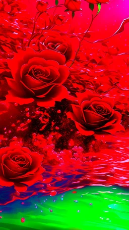 The image is a digital artwork that depicts a green branch of red tree of Red roses and red leaves tangling in to a water in the river with aThe rose floats on the surface of the water, creating a wave-like effect. The background is red , which makes a branch of a tree of red roses stand out even more. Water droplets are scattered adding to the dreamy, ethereal quality of the image.all leaves and background are black