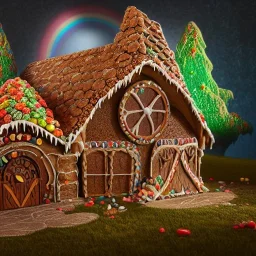 an intricate hobbit-style gingerbread house with rainbow sprinkles, frosting, vibreant crushed candy, 8k resolution, centered, high-quality, ultrafine-detail, digital art, flickering light, detailed matte, volumetric lighting, illustration, 3D octane render, brian froud, howard lyon, ben goossens, George Grie, greg rutowski, alphonse mucha