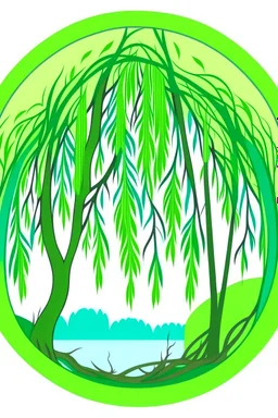 Colorful Logo of a pretty willow tree with long green hanging branches, standing outside a square window with an arch, emphasize the window and arch, serene tranquil background with a body of water.