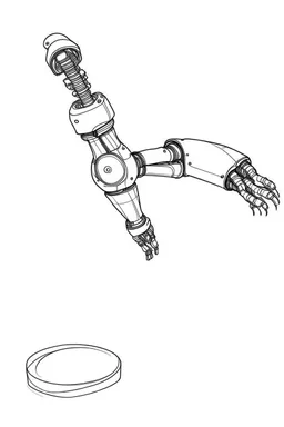 Draw a cover image. What it's about is an elongated flexible robotic arm with flexible joints that are drawing a three-dimensional model. The three-dimensional structure of the robot arm should be filled with color. The background is white.