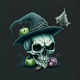 drawing of a Skull with a Witch hat, Skull has ghost eyes and is eating from a poison apple.