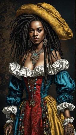 full body colored etching of an ornately dressed, malevolent, predatory vampire buccaneer girl from the French West Indies with highly detailed beaded dreadlock hair and facial features ,in the style of Rembrandt, Gian Lorenzo Bernini, and Johannes Vermeer, with a fine art aesthetic, highly detailed , realistic , 4k UHD