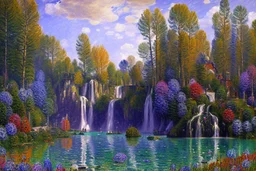 Big epic waterfall, rocks, trees, alfred sisley impressionism painting