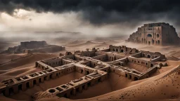 Dark surreal cinematic scene of gigantic brutalist megastructures merged with the ancient architecture of Ksar Ouled Soltane in the middle of a foggy desert. Ancient clay vaults integrated into raw concrete monoliths, mysterious atmosphere, ultra realistic, highly detailed textures, volumetric fog, dramatic lighting, dystopian archaeology, soft blowing sand, ominous mood, wide cinematic framing, brutalism meets Berber architecture, photorealistic
