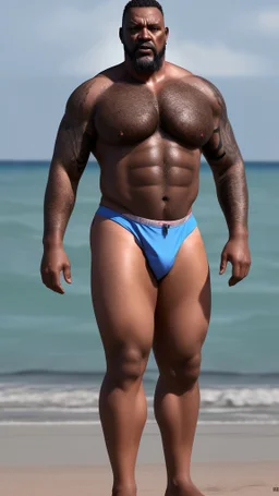 burly beefy nigerian fisherman sunbathing in mini pants, tattoo, bulge, manly chest, ugly, 61 years old, bullneck, goatee, long hairs, angry eyes, photorealistic, Canon EOS, 8k , on the beach