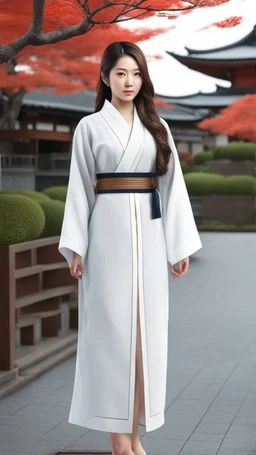 4K Photorealism : 30 year old Asian woman with a full body with a proportional body, symmetrical face, precise clean brown eyes, long flowing hair, precise chest accentuation, showing typical Japanese clothing