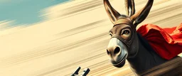 Political propaganda poster for Mexican farmer Hitler on fast superhero donkey, airbrush and pen outline, motion blurred background