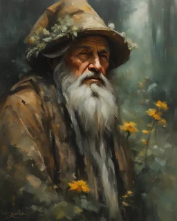 Masterpiece, highest quality, oil color painting, Jeremy Mann style, realistic Highly detailed portrait of a forest hermit, looking like an old wizard, wearing a wizards's hat, flowers in his hat, fantasy style, portrait, vibrant colors, wrinkled face, realistic shaded perfect face, symmetrical eyes, perfect eyes