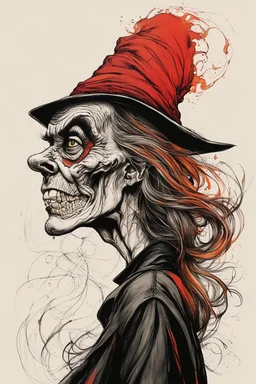 create an ancient malevolent female sorceress with highly detailed and refined facial features, raggedly clothed in the caricature cartoon style of Gerald Scarfe and Ralph Steadman, precisely drawn, boldly inked, vividly colored, 4k