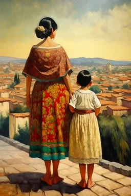 2 mexican woman painting neoclassism standing from the back whole body zoom out looking at a traditional mexican city with child