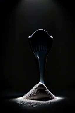 plastic scoop of protein powder, view from the front, dark studio setting, black background