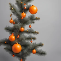 an orange branch of a Christmas tree on a gray background with sulfur Christmas toys