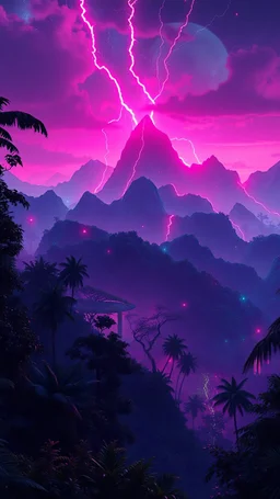 make the pov showing and enitre jungle landscape and you on the top of the mountain in the jungle overlooking the enitre jungle forest and the jungle cyberpunk neon themed and realisitic. have the tress glowing neon colors and the mountains are have neon lines going through them like its about to crack and explode