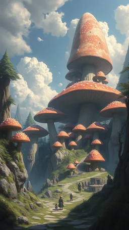A big mushrooms city with small people below it , fantasy world scene