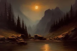 mistery night, mountains, rocks, river, epic, gothic and dark, otto pippel impressionism paintings