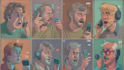 8 panels showing 8 different 30 year olds talking on the phone