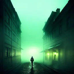 Dark street creepy fog colours strong texture nightmare 8k artistic Photography volumetric light, Yves Tanguy Max Ernst