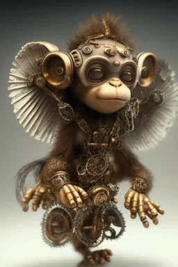 small cute steampunk mechanical monkey, made of metal with mechanical wings, cute hands and feet