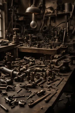 a messy victorian machinists workshop table. Lots of large half completed items on the table. Valves, wrenches, rivets