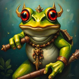 A Mighty frog whom is a determined warrior living by the code, in ornate oil painting art style