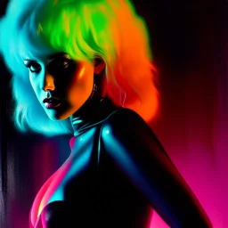 portrait oil on canvas, beautiful punk busty female Cyborg, looking to viewer, sad green eyes, post-apocalyptic in a cyberpunk city,minimal skintight latex dress, blade runner, comic book cover, mystical colors, CYAN, neon, insanely detailed,realistic,intrincate detail, 16k resolution, masterpiece, Adam hughes