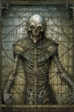 The full body of a prisoner man with iron mask Scary face , decayed and rotting with grotesque proportions and imagery. abstract grotesqueries, detailed texture, surreal horror, biomechanical design, by hr giger and beksinski