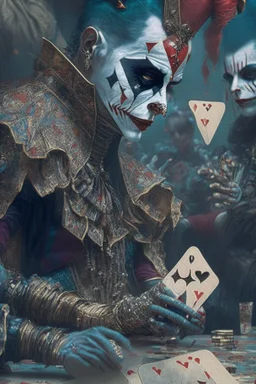 A harlequin character, playing cards with other people , sf, intricate artwork masterpiece, ominous, matte painting movie poster, golden ratio, trending on cgsociety, intricate, epic, trending on artstation, by artgerm, h. r. giger and beksinski, highly detailed, vibrant, production cinematic character render, ultra high quality model