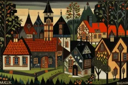 A black village in a shadow realm designed in German folk art painted by Frank Lloyd Wright