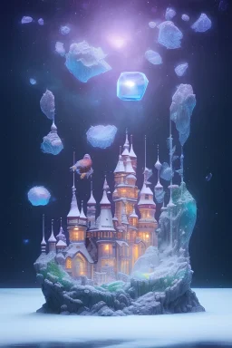 hedjuk, cristal castle crystalline, beau , fin, renderin, room, cosmic, opalescent, 100mm, opalescent, gemstones, crystals, object, other worldly,water, rock, moss,bright, ice background, neige etang bleu. star in the sky, shooting star