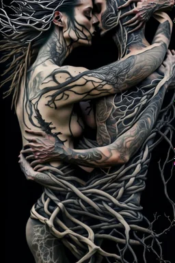 Multiple entanglements between a twisted thin piece of cloth as part of many twisted and spiraling branches disappearing into the distant mist, epic photo, 2 beautiful lovers are embracing, stunning tattoos that intwine with eachothers tattoos,sharp on highly detailed skin with wrinkles and high contrast, photorealistic, explosion of extacy,4K, 3D, realism, hyperrealism, detail, good lighting, detailed texture, modern photography style, 3D, 4D, 4K