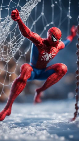 spider man caught frozen in net, bokeh like f/0.8, tilt-shift lens 8k, high detail, smooth render, down-light, unreal engine, prize winning