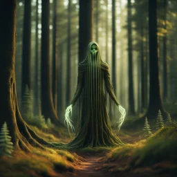 a slender forest spirit wraith ghost spectre with long long legs kneeling, with highly detailed, sharply lined facial features, in the deep forest of Brokilon , finely inked, in rustic colors, 4k in the style of Peter Mohrbacher source vibrations, bokeh like f/0.8, tilt-shift lens 8k, high detail, smooth render, down-light, unreal engine, prize winning