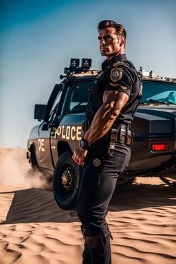 Handsome muscular sheriff leaning against a police car on the edge of the desert