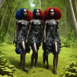 3d render, Painting .three women. A mother. Two daughter. Twins. A mother with her children the faces of three young black women. wood nymphs emerging from the forest. Her hair looks like vines. Dreadlocs. Her skin is the colour of dark soil. Her skin looks like tree bark. Her clothing is made of vines, grass and leaves.
