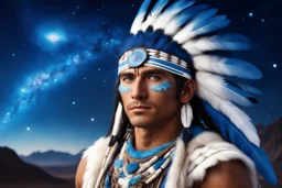 indiano d'america con gli occhi blu, il suo costume è azzuro blu con piume blu e bianche. Il paesaggio è di natura Nativa con una notte stellata, un cielo luminoso pieno di galassie brillanti