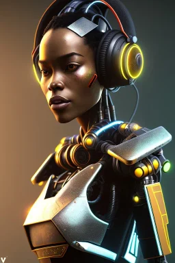 portrait,beautiful african robot, post-apocalyptic in a cyberpunk city, realistic, intriacte detail, sci-fi fantasy style, volumetric lighting, particales,highly detailed,cinamatic, deep colours,8k