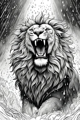 A powerful sketch of a lion roaring amidst a rainfall for coloring book