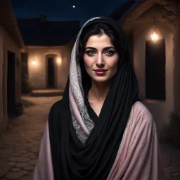 Hyper Realistic Photographic-View Of a Beautiful Young Happy Pashto Woman With Beautiful Eyes, Nose, Pink-Lips & beautiful-Black-hair wearing black-dress & covering herself with white shawl & happily-waiting outside her vintage house carrying-a-Diya with moonlight-rays-on-her-face at dark night showing dramatic & cinematic ambiance.