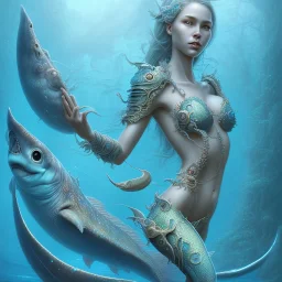 sango fantasy, fantasy magic, intricate, sharp focus, illustration, highly detailed, digital painting, concept art, matte, artgerm and paul lewin and kehinde wiley, masterpiece sexy lips African lady fish body mermaid turquoise space lady beach sea under water great white shark mermaid seaweed