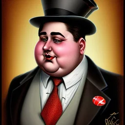 A 1930s Italian-American businessman in his 20s with a bowler hat and a tattered suit. He is obese and has a sad expression on his face. He is facing the screen.